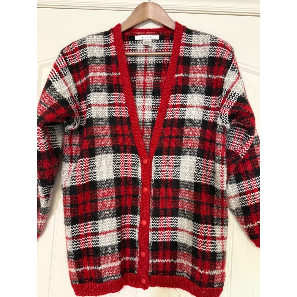 Vintage Lise J Mohair Blend Plaid Cardigan M Fuzzy Tartan Grandpa Sweater Unisex